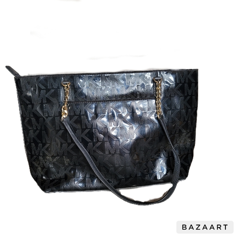 Michael Kors Handbag Black Tote Patent Leather Zip Close - Picture 2 of 7